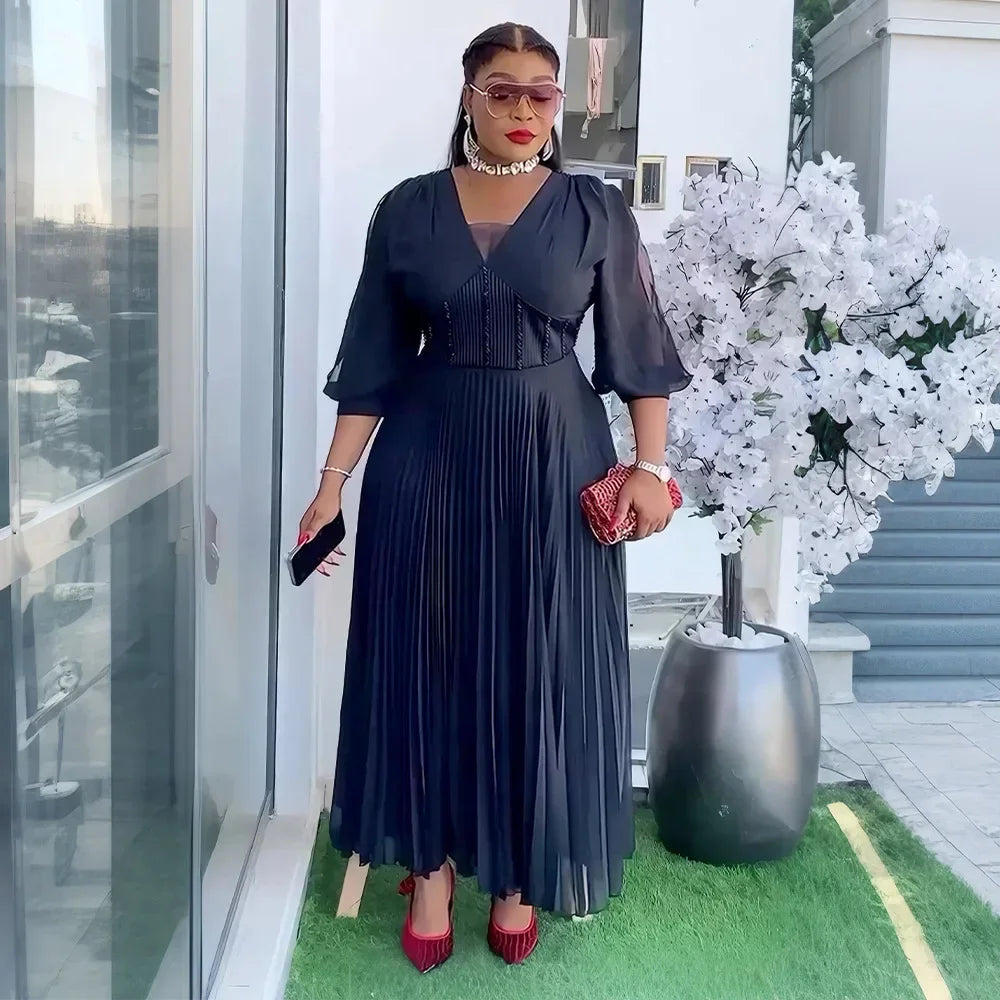 Maxy Fashion Dresses for Women Chiffon Pleated Long Evening Party Dress Wedding Gown Ankara Dashiki Africa Clothing