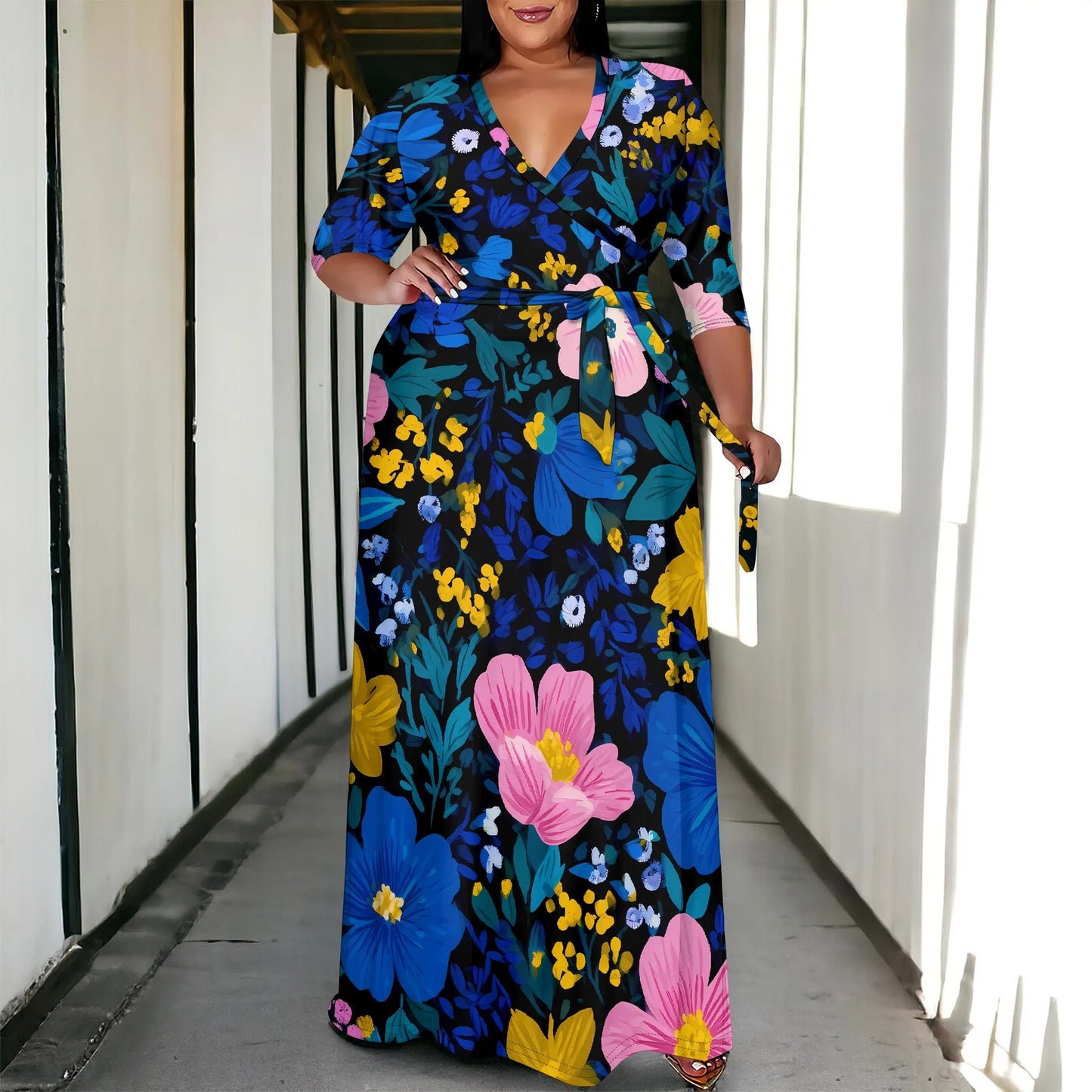 Maxy Plus Size Women's 3/4 Sleeve V-Neck Floral Print Wrap Maxy Dress Elegant Bohemian Casual Dress