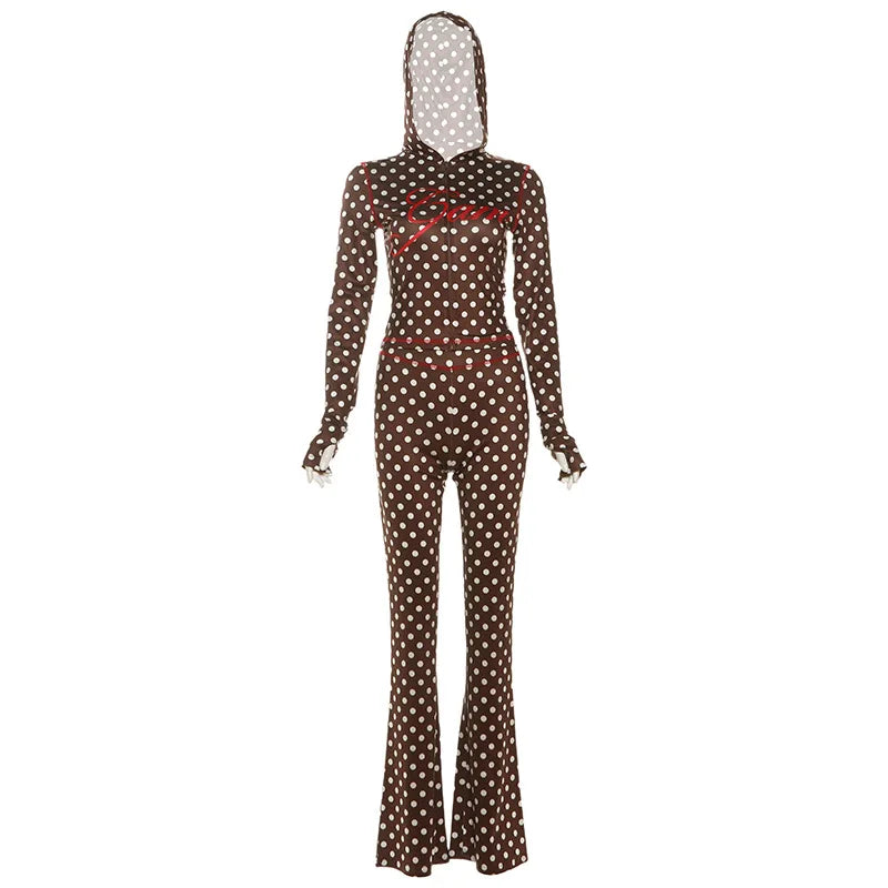 Maxy Dot Letter Print 2 Piece Set Woman Tracksuit Trend Sexy Hooded Jacket+Pants Skinny Stretch Matching Streetwear