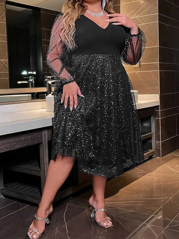Maxy Plus Size Evening Dresses Woman Luxury High Waist Evening Black Dress V Neck Elegant Shiny Dance Dress