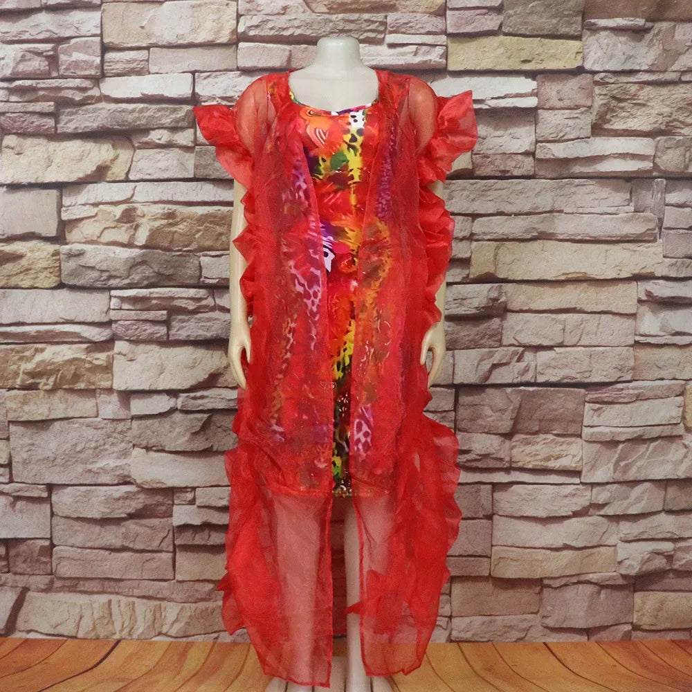 Maxy Dashiki African Evening Dresses for Fashion Women Mesh Ruffle Open Abaya Elastic Print Inner Dress Set Turkey Wedding Femme Gown