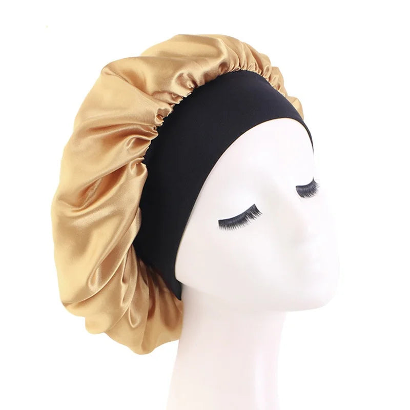 Maxy Women's Satin Solid Bonnets Wide-brimmed Night Sleeping Bathing Hat Unisex Head Wrap Elastic Band Cap Hair Care Bonnet