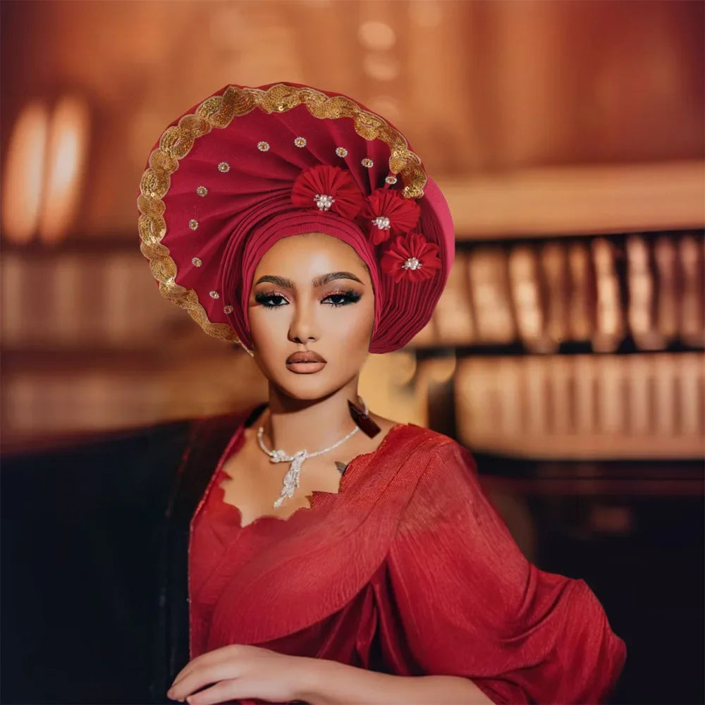 Maxy Beaded Turban Cap for Women Wedding Headwear Auto Gele Aso Oke Headties Hijab Bonnet Head Wrap Hat Nigeria Headgear