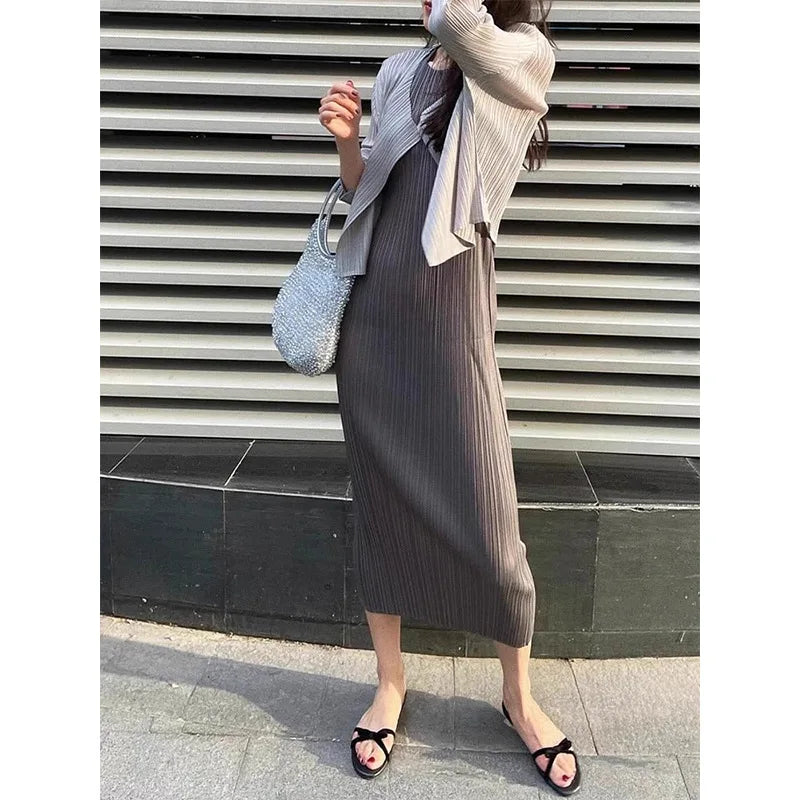 Maxy Loose Peplum Set Miyake Summer Fashion Design Pleated Solid Color Cardigan Sleeveless Tank Dress Women's Two Piece Set