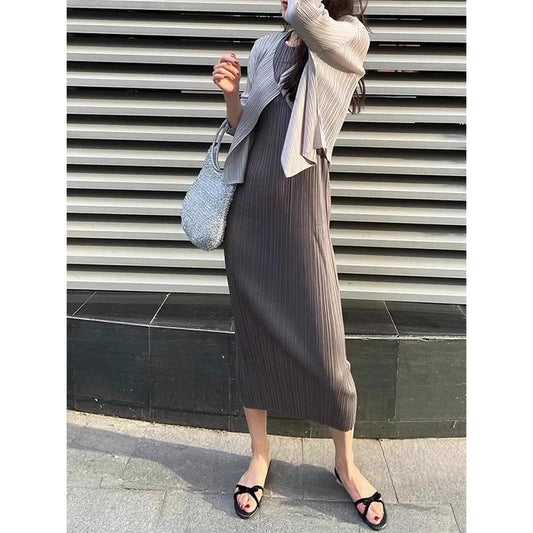 Maxy Loose Peplum Set Miyake Summer Fashion Design Pleated Solid Color Cardigan Sleeveless Tank Dress Women's Two Piece Set