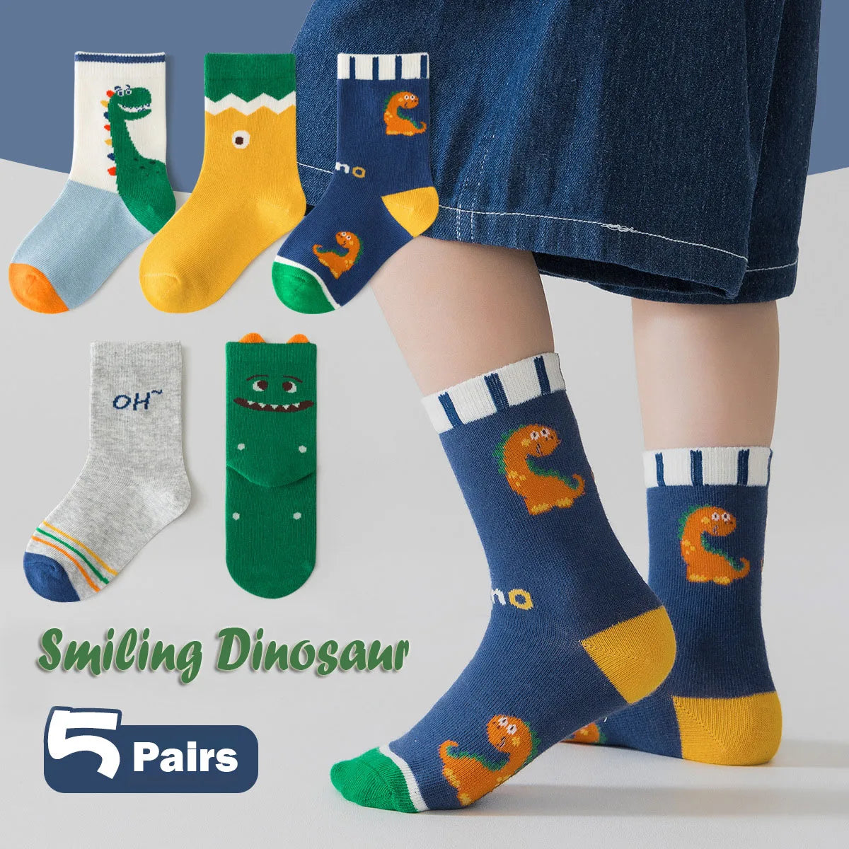 Maxy 5 Pairs Boys Autumn Socks Mid Calf Cotton Socks Smiling Dinosaur Socks Children Medium Socks  A Class Baby Kids Socks