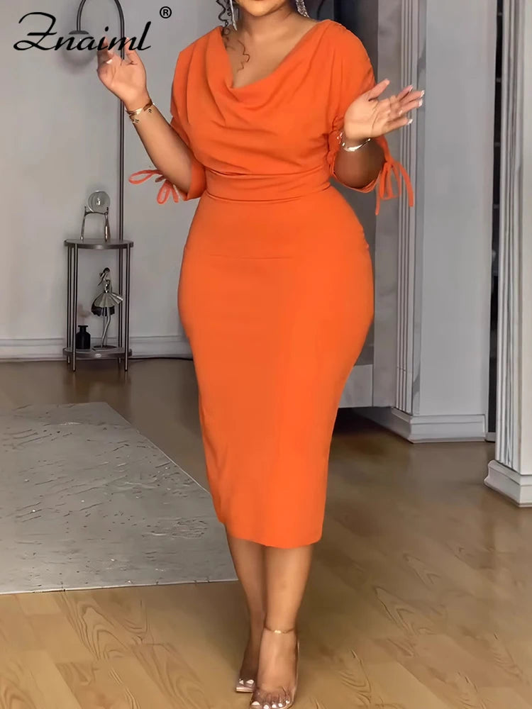 Maxy Elegant Pile Collar Ruched Drawstring Half Sleeve Split Bodycon Orange Pencil Dress Women Birthday Party Club Office Robe