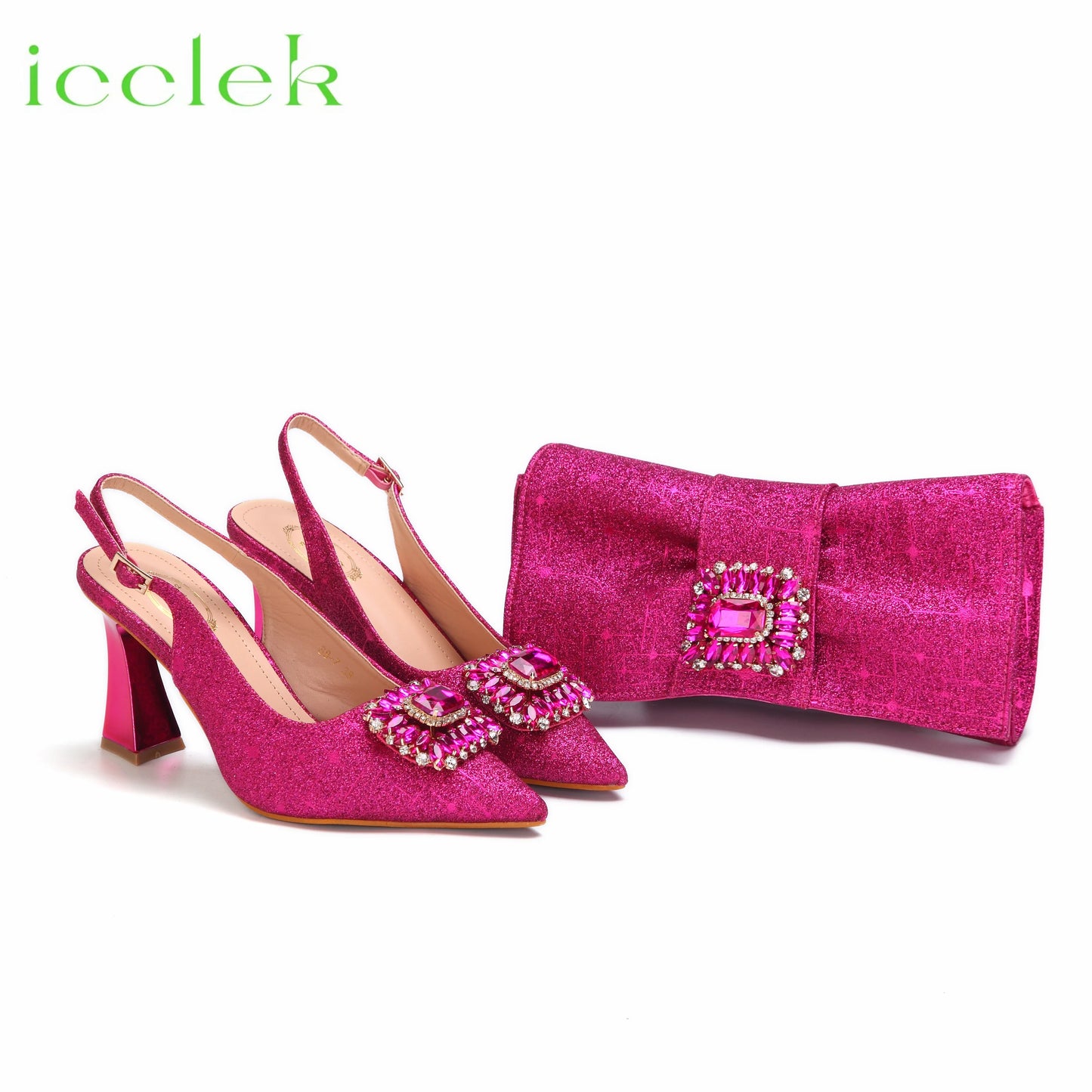 Max Women High Heels Sandals Shinning Material with Rhinestone Design Colorful Pointed Toe Shoes and Bags Set