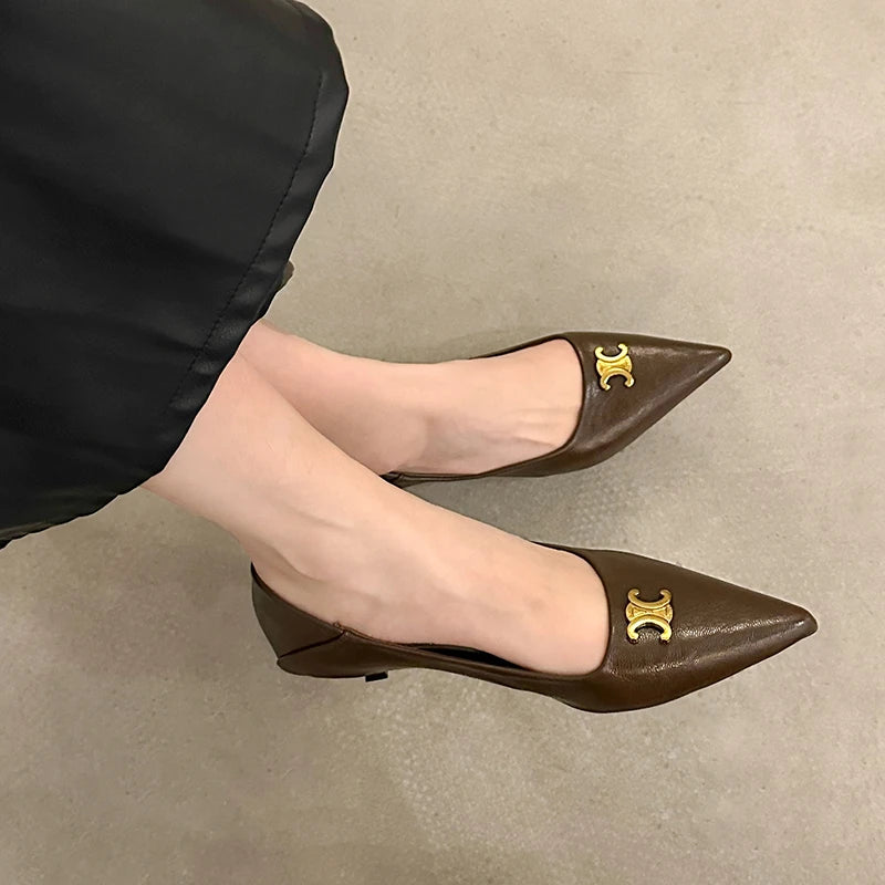 Maxy Female Luxury Low Heel Footwear Shallow Pumps Shoes for Women Summer Designer Brand Pointed Toe Metal Heeled Sandals Slides