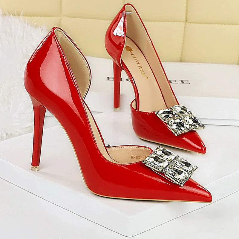 Visco BIGTREE Shoes NEW Luxury high heels Rhinestone Design Women Pumps Patent leather Female heels stilettos Fashion Sexy Party shoes
