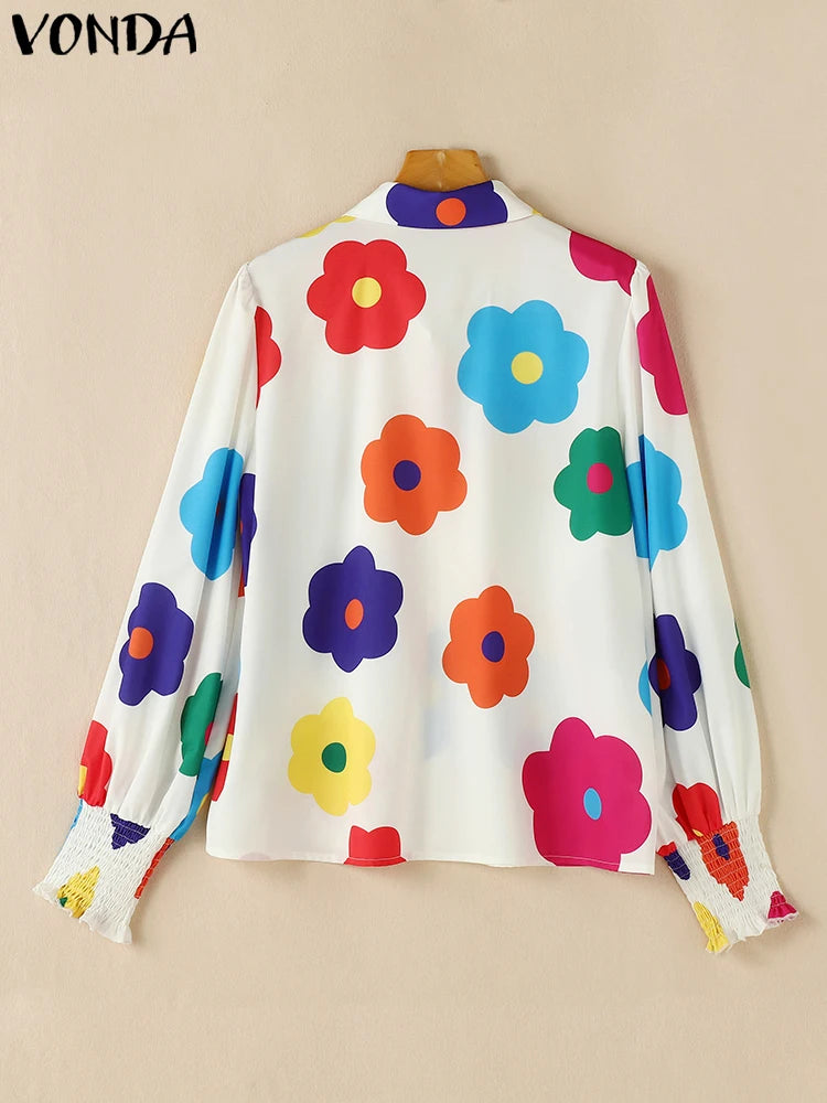 Maxy Plus Size 5XL Casual Floral Printing Loose Tops Women Shirts Lapel Collar Blouses Top Lantern Long Sleeve Tunic