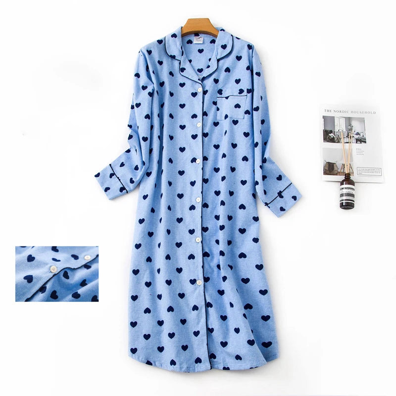 Maxy Ladies 100% Cotton Nightgown Plus Size Nightdress Long-sleeved Flannel Plaid Print Women Sleepwear Nightshirt Button UP Nightie