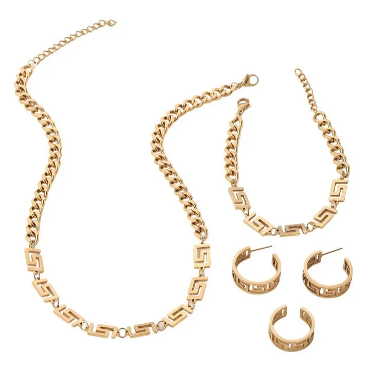 Maxy Hot selling Great Wall patterned collarbone necklace bracelet with hip-hop titanium steel color retention 18K jewelry set