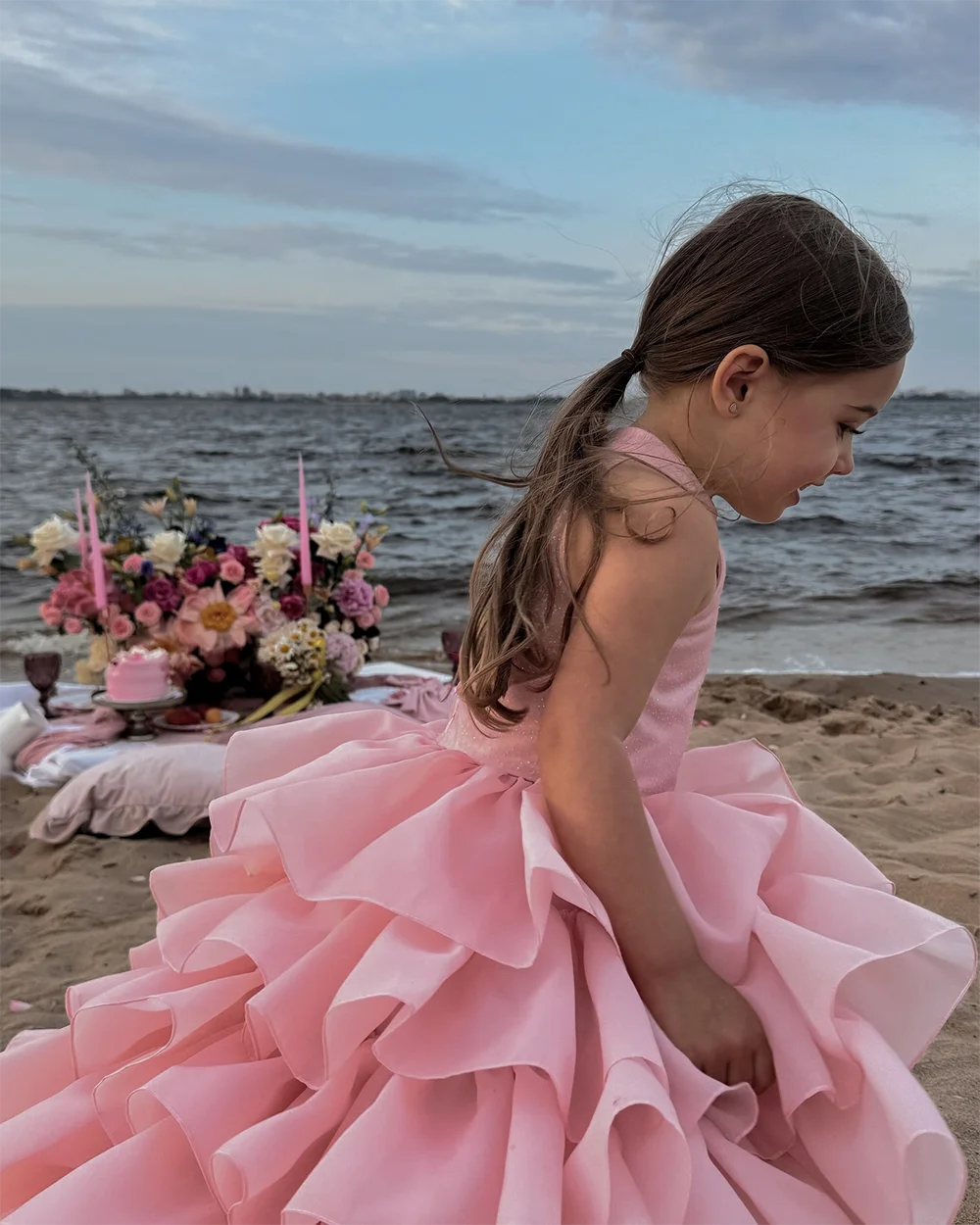 Maxy Princess Flower Girl Dress For Wedding Light Pink Layered Ruffles Sleeveless Child First Eucharistic Birthday Party Dress