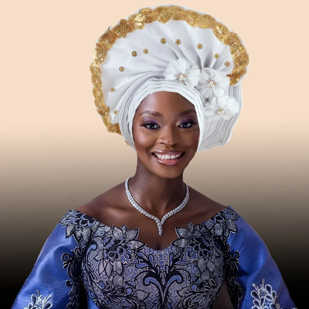 Maxy Beaded Turban Cap for Women Wedding Headwear Auto Gele Aso Oke Headties Hijab Bonnet Head Wrap Hat Nigeria Headgear