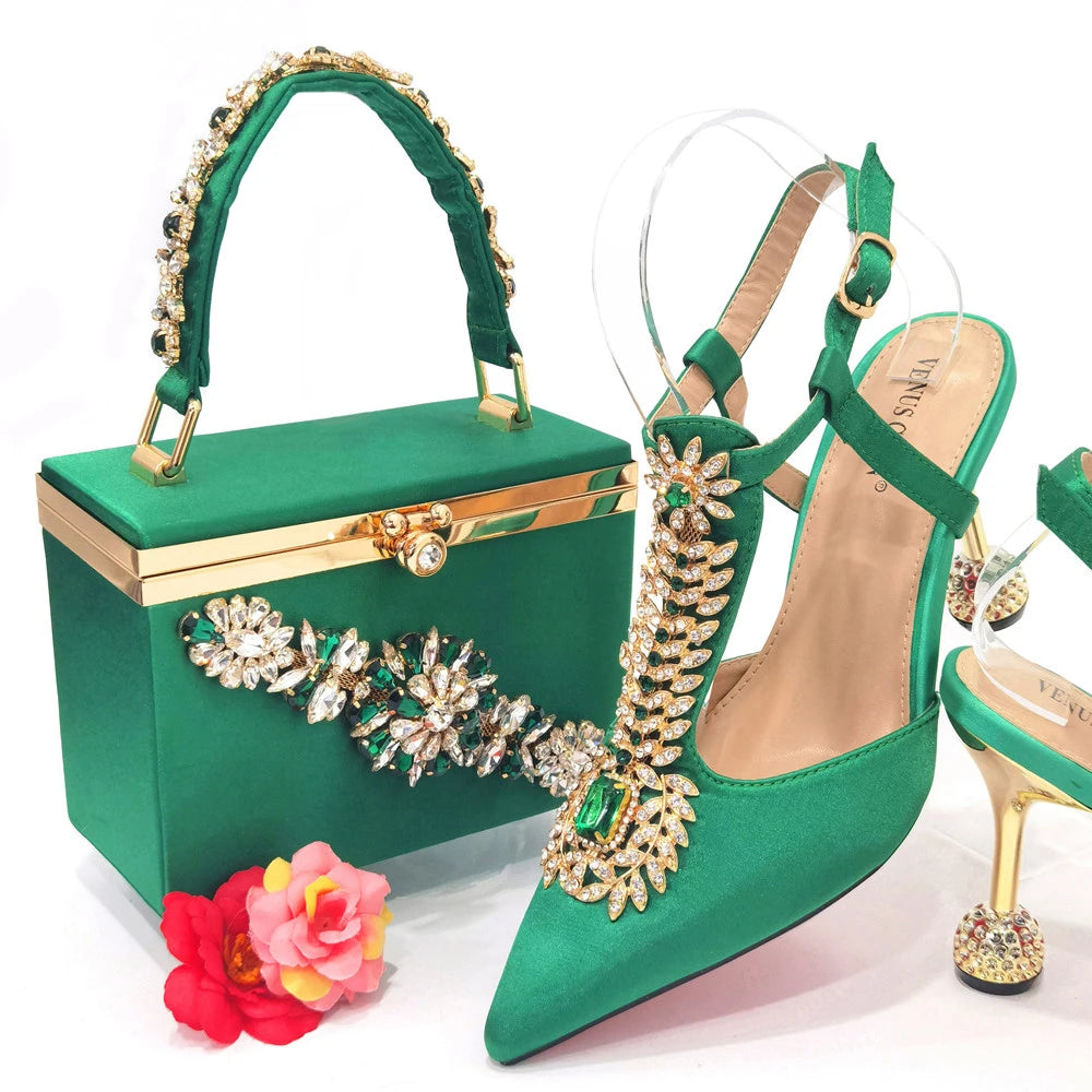 Maxy Newest Red Color Comfortable Streamlined Pointed Toe Women's Shoes Matching Big Crystal Handbag Party Women's Shoes And Bag Set