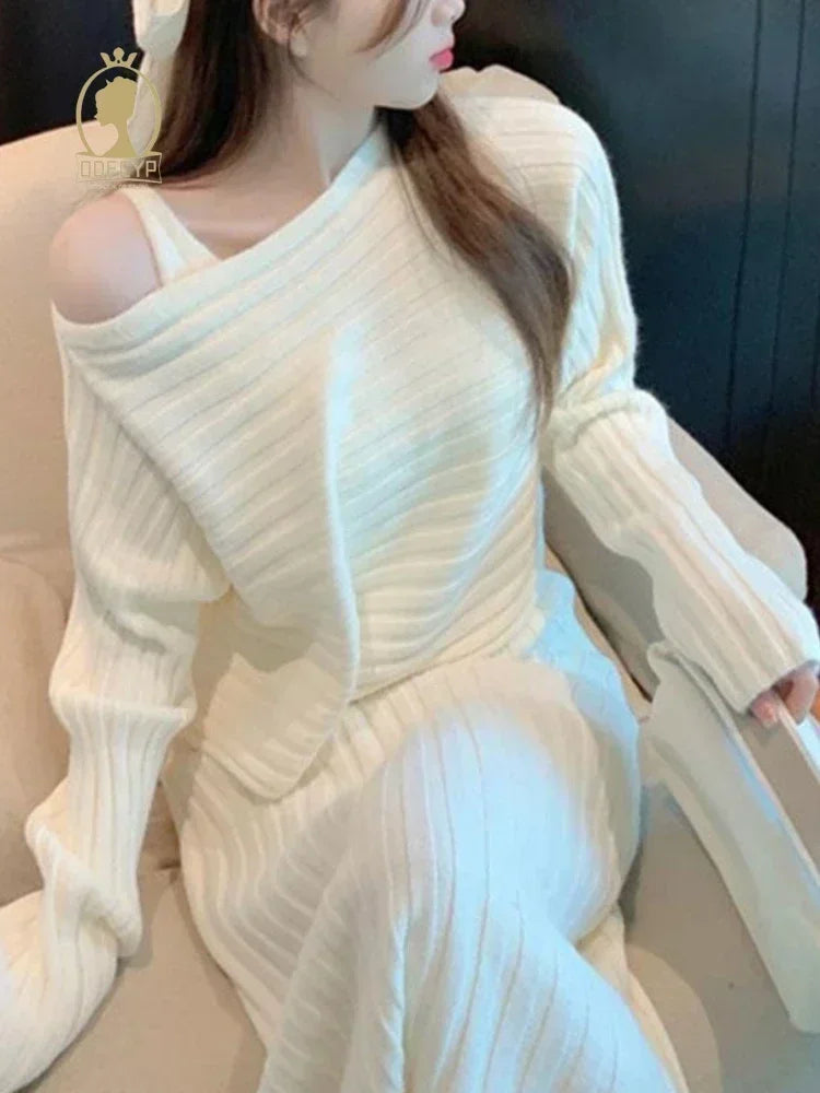 Maxy Women's Dress Sets Autumn Winter New Temperament Pullover Long Sleeve Knit Sundress Fashion Two-piece Dress Set for Women