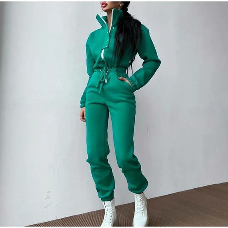 Maxy Casual Stand Collar Jumpsuits Women Autumn Winter Zipper One Piece Long Sleeve Outfit Solid Loose Drawstring Rompers Tracksuits