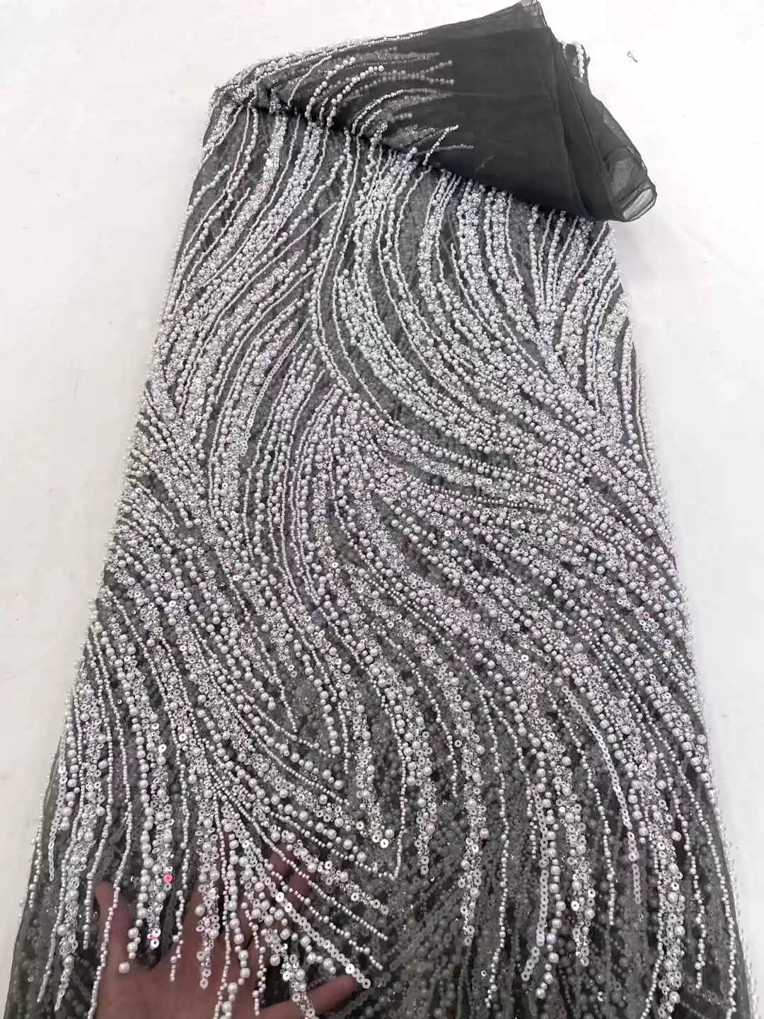 Maxy Beads Lace Fabric High Quality Mesh Sequins Lace Embroidered French Groom Fabric For Sewing Evening Dresses Women