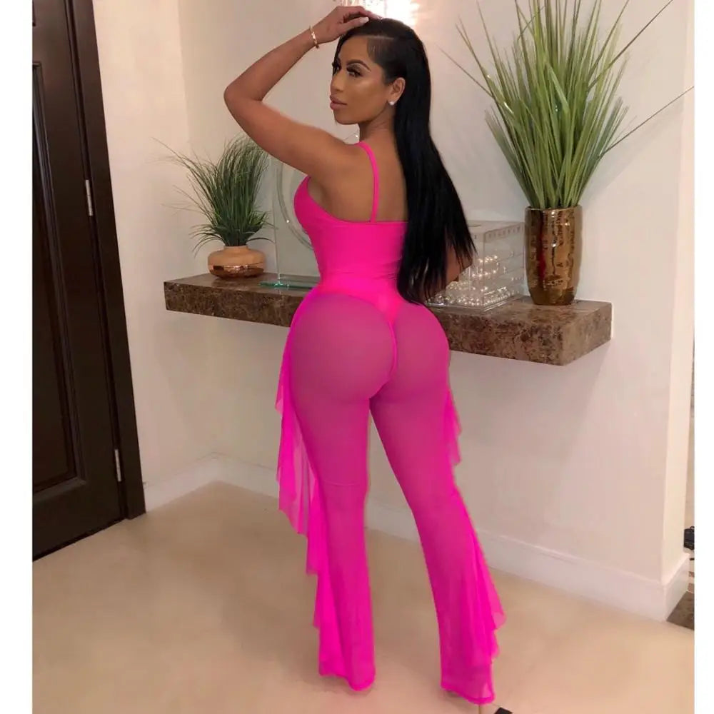 Maxy BKLD Ladies Tracksuits Festival Women Club Outfits Hollow Out Spaghetti Strap Bodysuit Ruffles Mesh Pant Set For Women