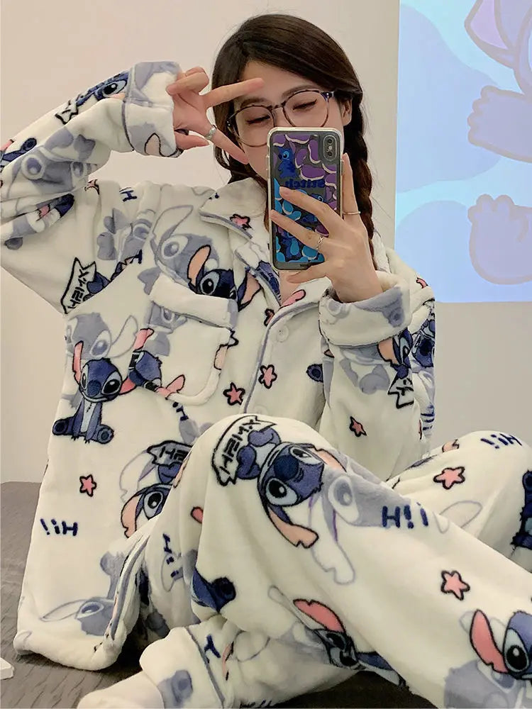 New Stitch-themed Max Plush Fluffy Sleepwear Pajamas Women's Autumn and Winter Flannel Thickened and Velvet Home Casual 2 Pcs Set