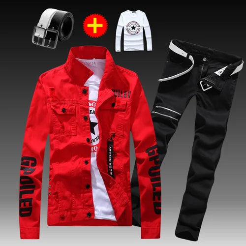 Visco Men's Slim Fit Denim Jacket Pants 2pcs Set Long Sleeve Coats Letters Printed Casual Large Size Black White Red Boys Trousers