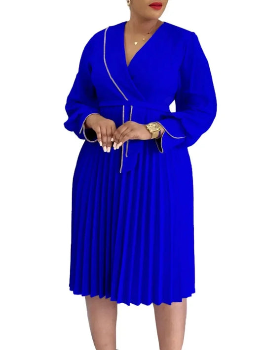 Maxy Elegant A-line Dress Women's Luxury V-neck Long Sleeved Pleated Mid Waist African Fashion Women's Birthday Party Dresses