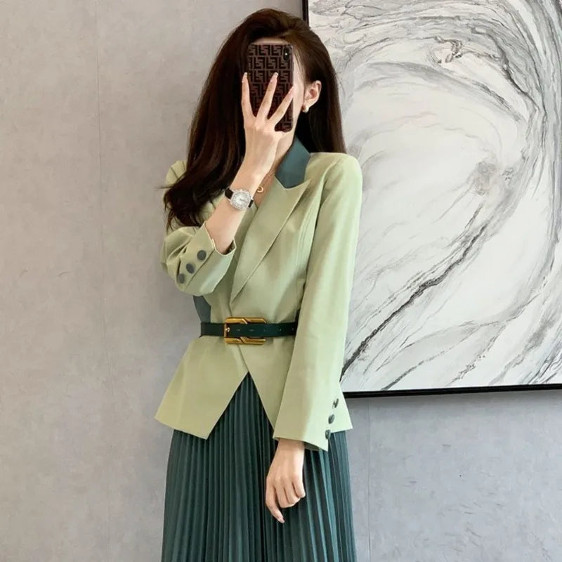 Maxy Pleated Skirt 2 Pieces Sets for Women Office Woman Outfit Midi Suits Jacket Y2k Streetwear Summer Clothes Stylish Korea