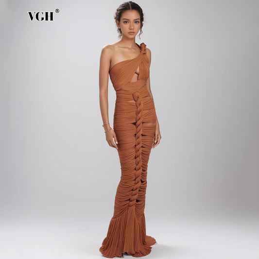 Maxy Sexy Folds Two Piece Sets for Women Diagonal Collar Sleeveless Tops High Waist Bodycon Skirts Slimming Set Female Fashion New