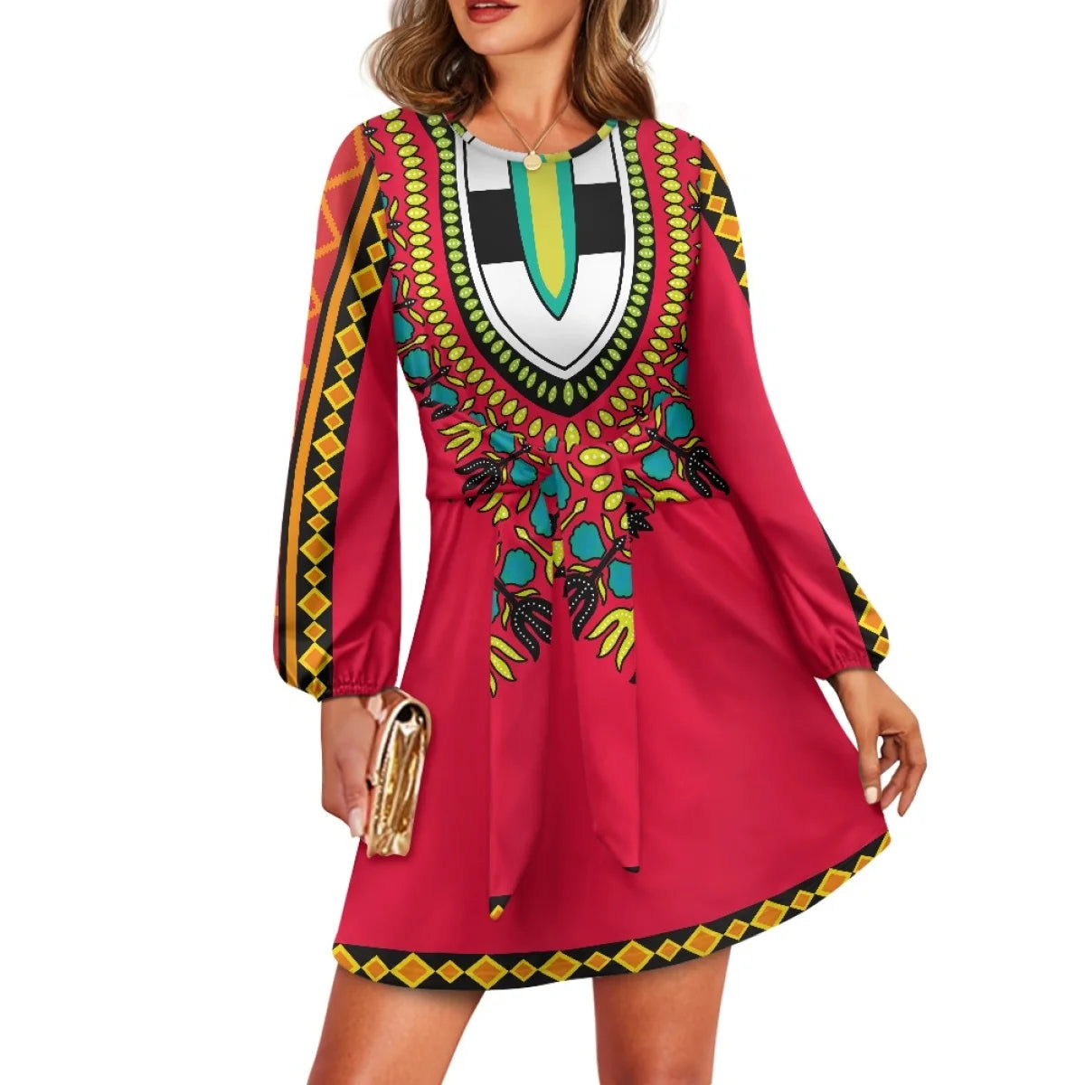 Maxy O neck women trumpet sleeve dress Polynesian tropical style women formal elegant evening dress