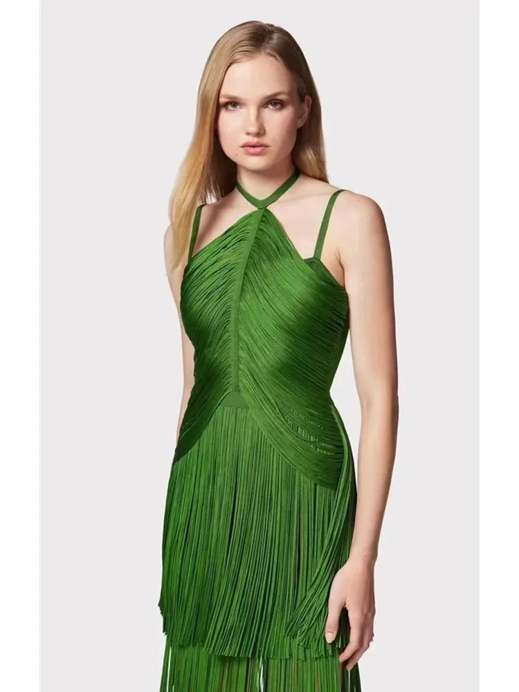 Babs Summer New Green Halter Spaghetti Strap Fringed Bandage Dress High Street Celebrity Evening Party Gowns Guest Looking