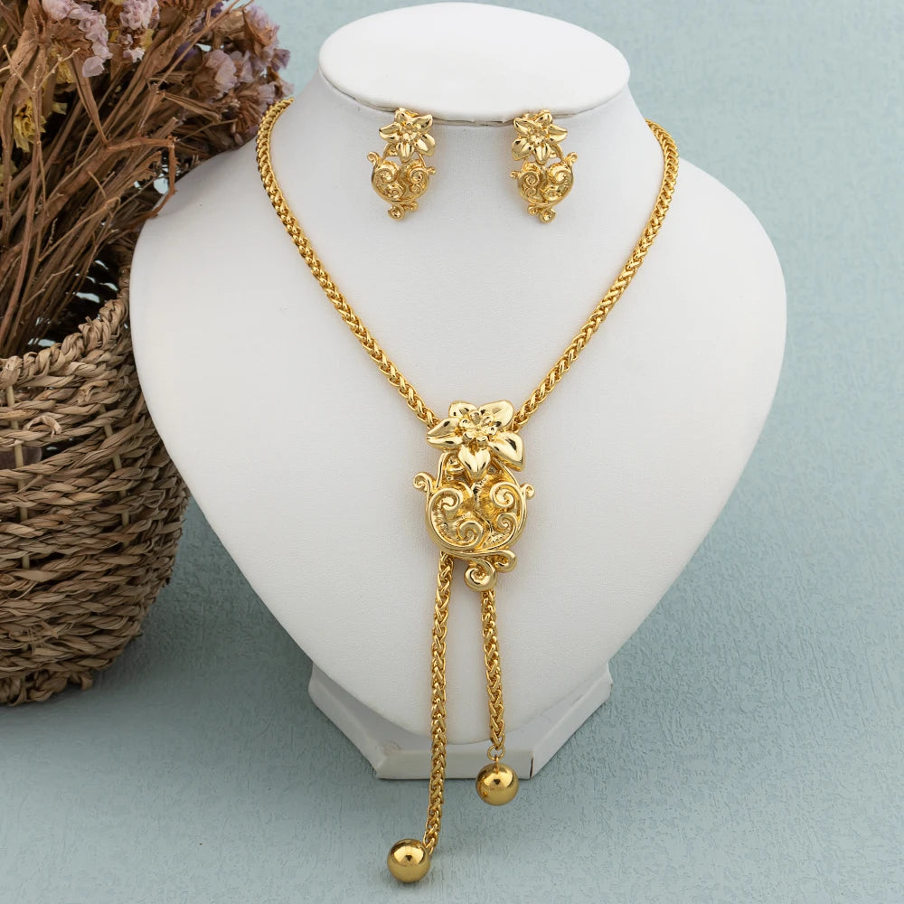 Maxy New Fashion Gold Plated Jewelry Set Pendant Necklace Drop Earrings for Women Adjustable Chain Party Bohemia Jewelry