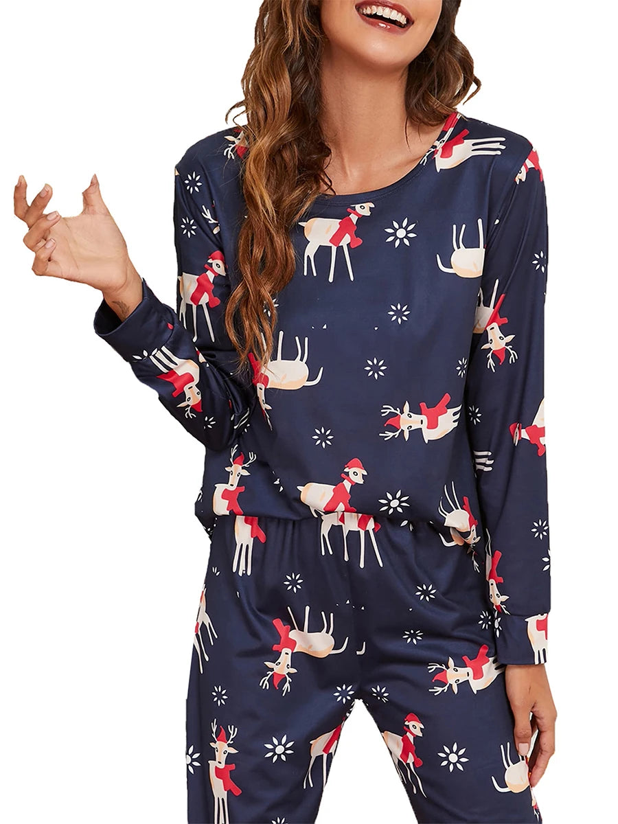 Women Christmas Pajama Set Elk Print Long Sleeve T-shirt with Pants Sleepwear Loungewear