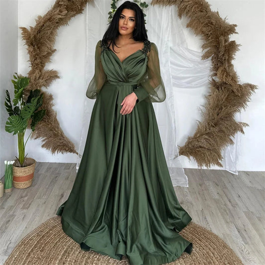 Amay Nersesyan Vintage Green A Line Satin Formal Evening Dress V Neck Puff Full Sleeves Tulle Prom Gowns Appliques Pleats Party Gown