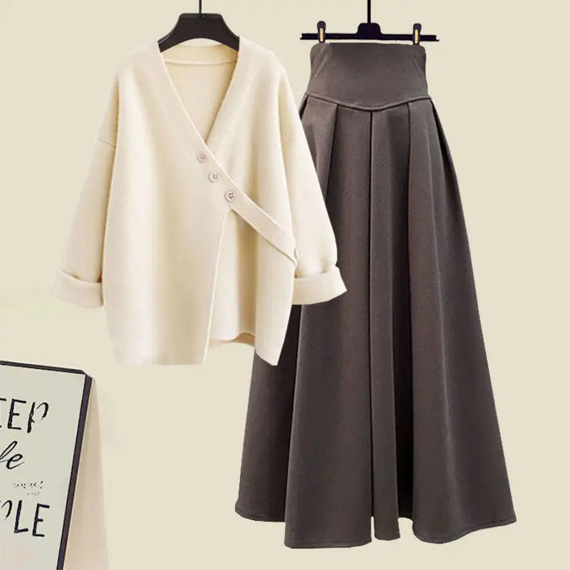 Amay Autumn and Winter Fashion Women's Set New Korean Knitted Sweater Sweater Age Reducing Slim Half Skirt Two Piece Set