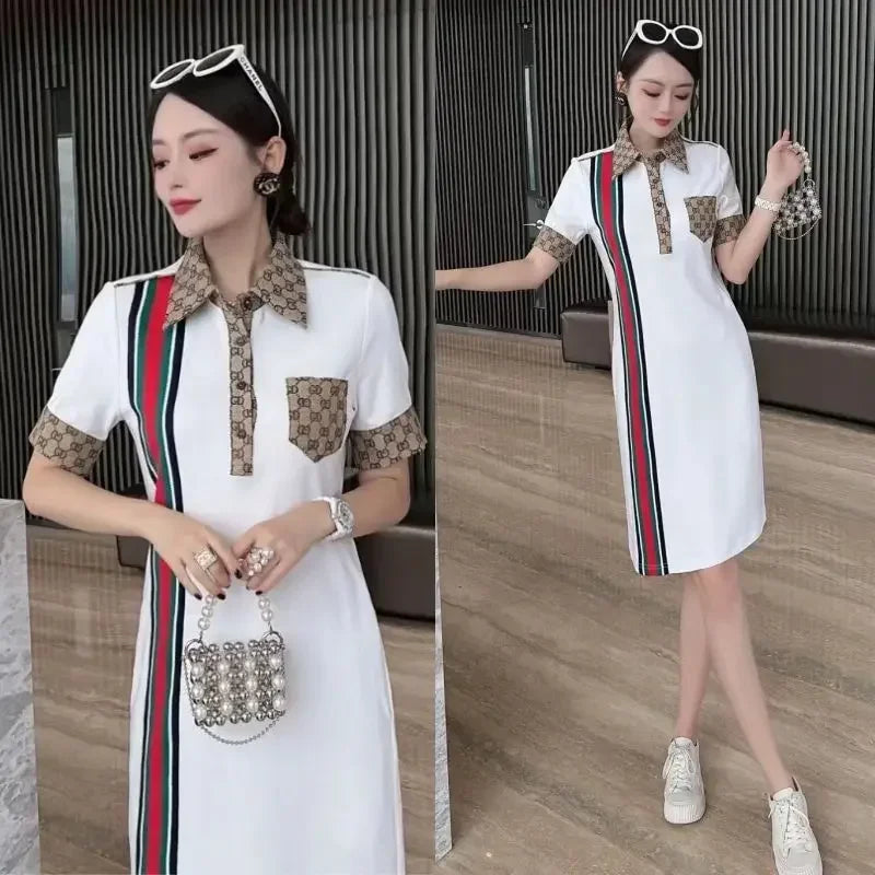 Maxy Female Tunics High Quality Dress Women Summer Korean Fashion Striped Slim Button Pockets Dresses