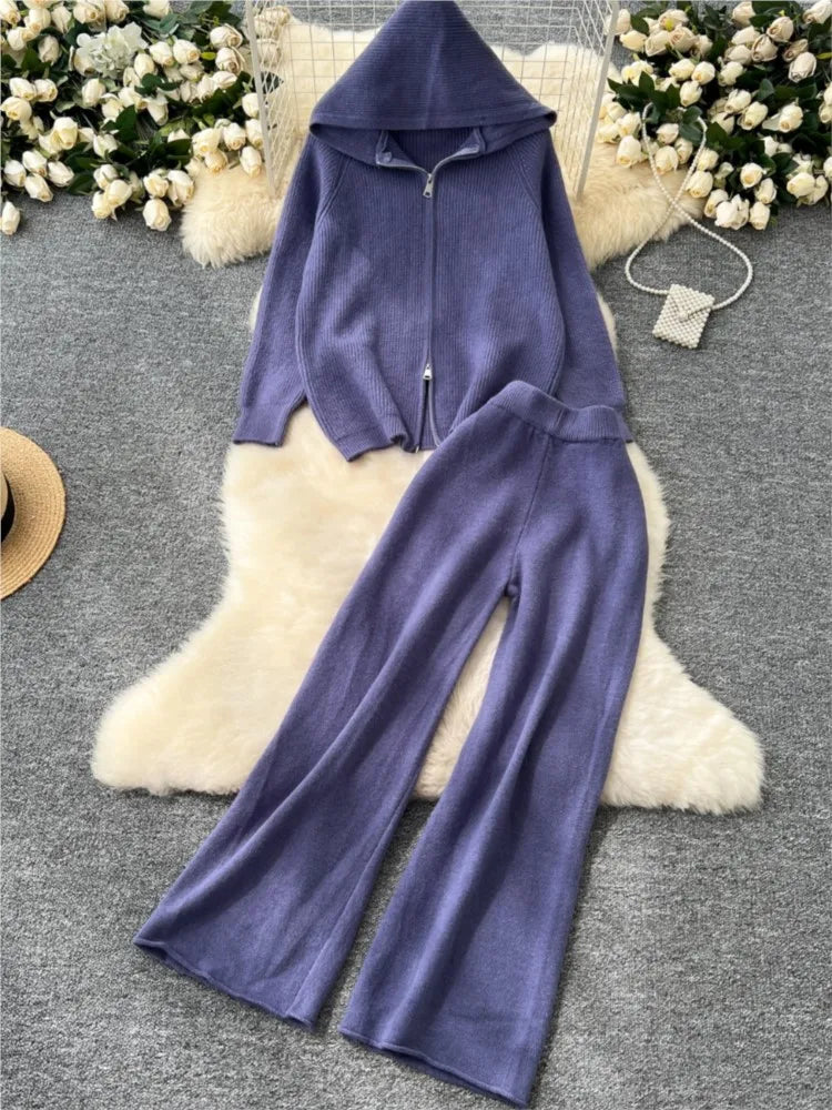 Amay Women 2 Piece Knitted Sweater Pantsuits Winter Fashion Korean Blouses Tops and Casual Pants Set Elegant Female Hoodies Outfits