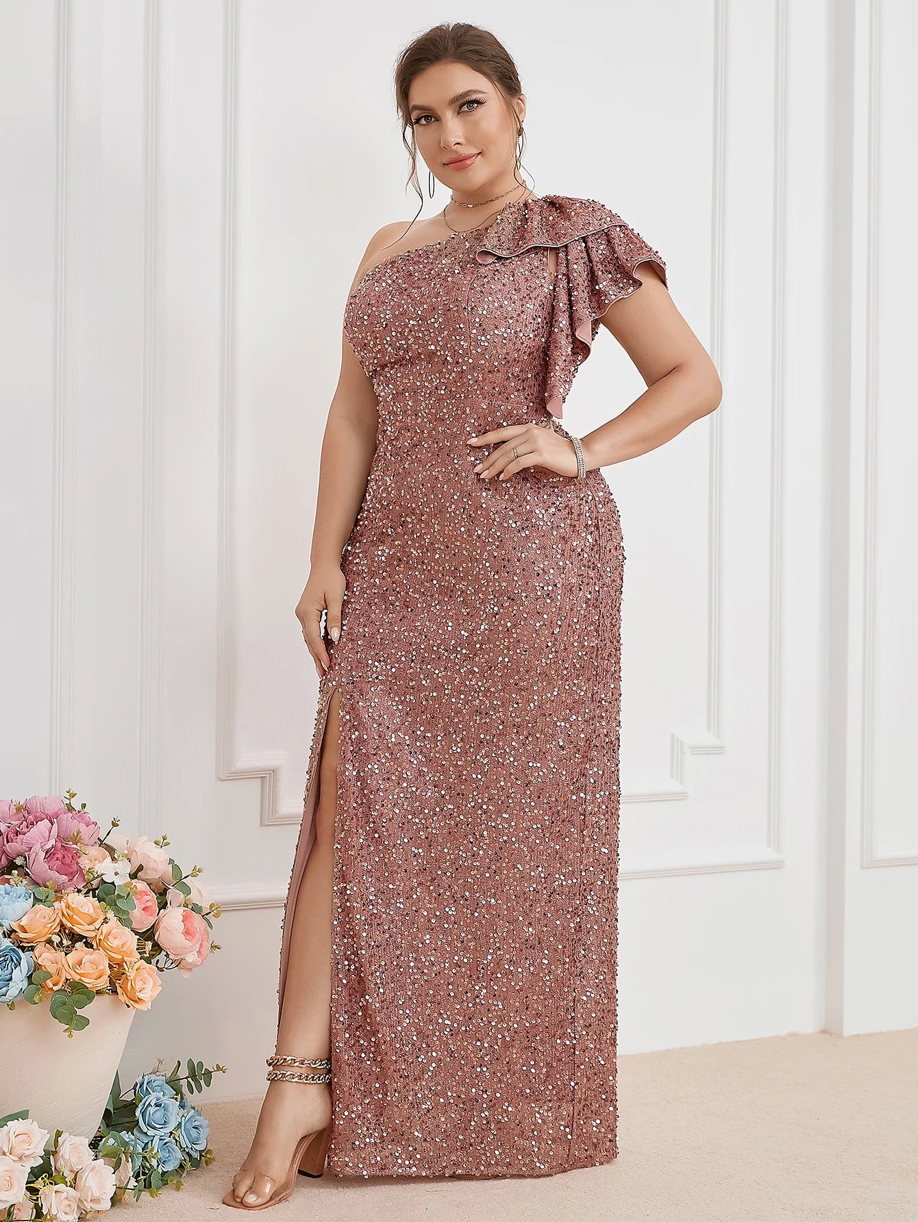 Maxy UNITHORSE Women's plus Size Single Shoulder Split Dress Elegant Evening Gown for plus Size Women