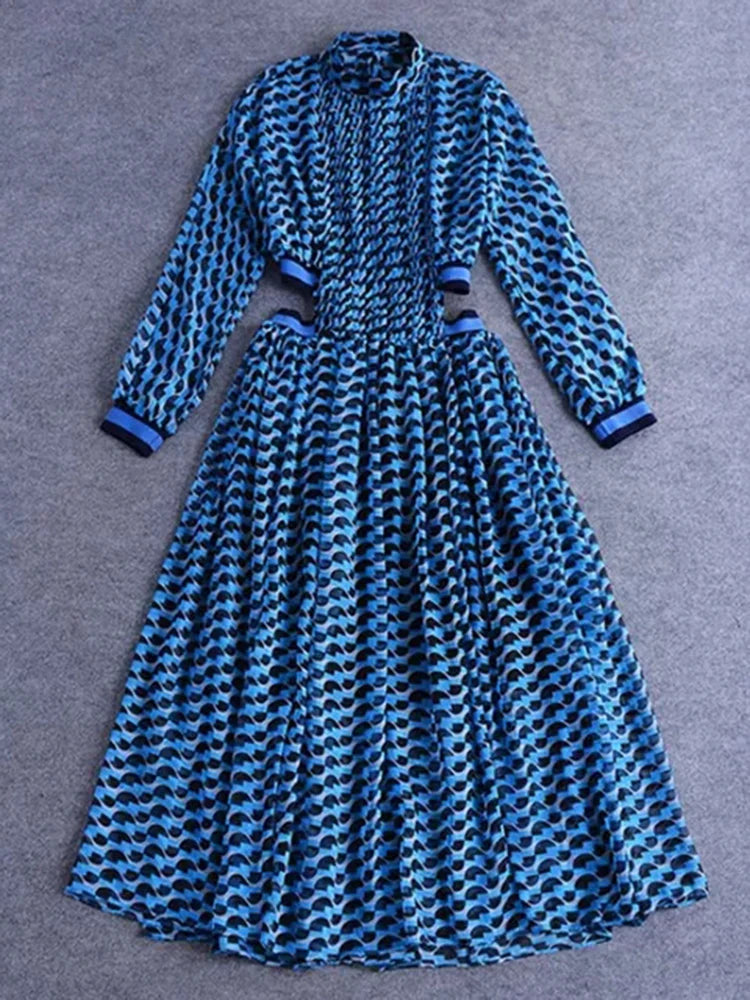 Maxy Print Dress For Women Stand Collar Long Sleeve High Waist Hit Color Hollow Out Midi Dresses Female Fashion Clothes