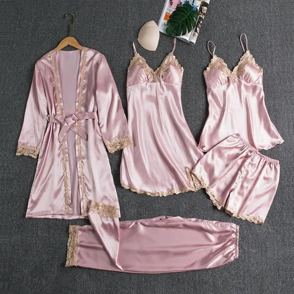 Women Satin Pajamas Elegant Satin Lace Pajama Set with Lace-up Waist 5-piece Nightwear Set for Women Silky Nightgown Shorts Set