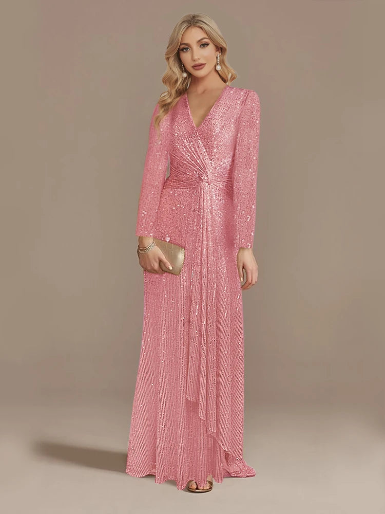Maxy Luxury Long Sleeve V-Neck Evening Dress Wedding Party Sequins For Women Female Guests Red Prom Cocktail Dresses