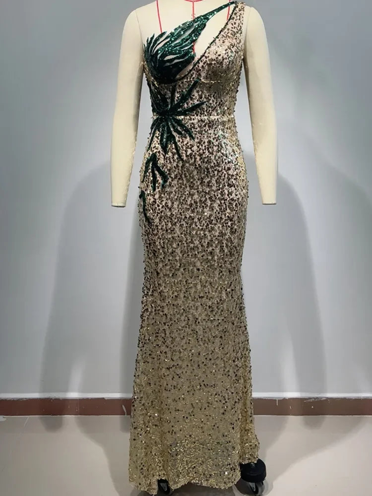 Maxy Ready Dress Women Luxury Gold Sequines Gilliter Sparky Green Leaf Embroidery SlimLong Birthday Celebrity Evening Gowns