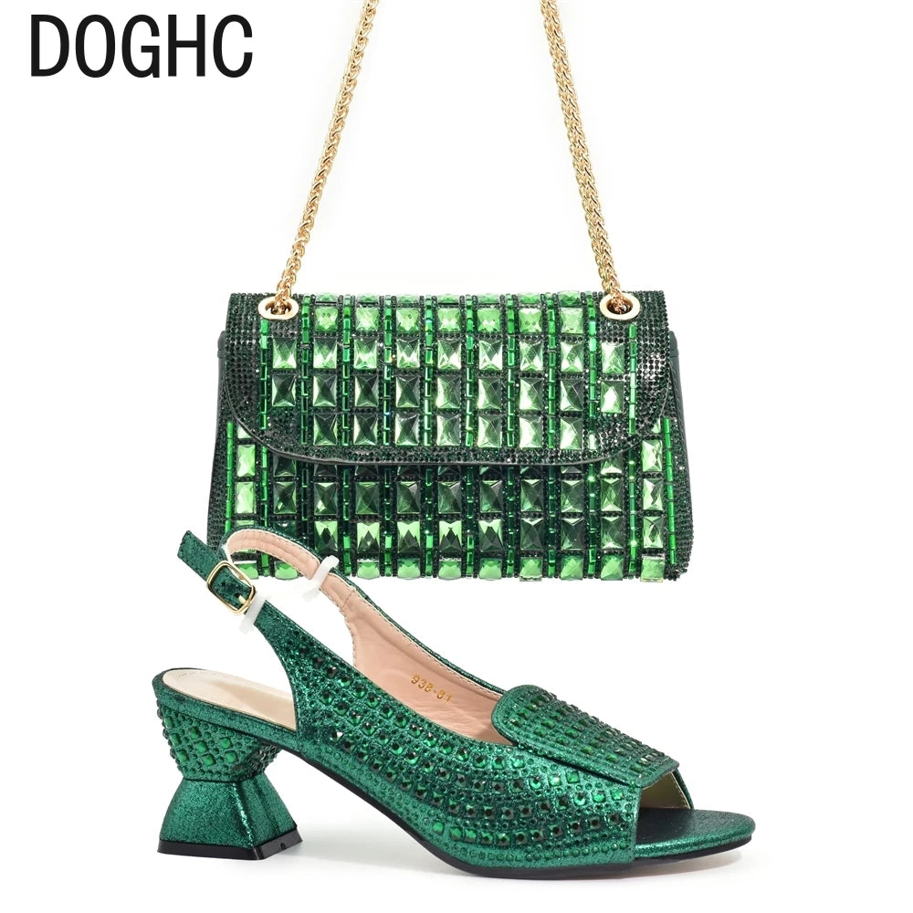 Macy African Style Ladies Shoes and Bags Set Latest Women Shoes and Bag Set Decorated with Rhinestone Heels Women Luxury