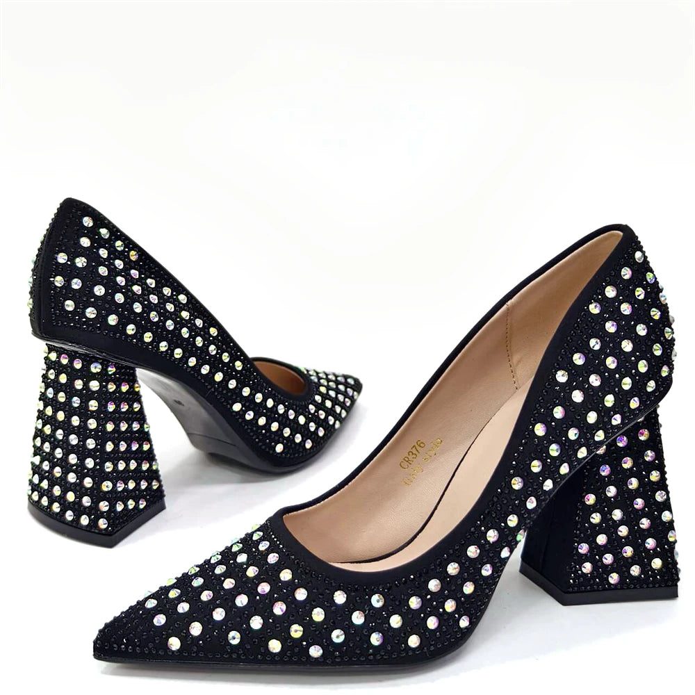 Maxy Venus Chan High Heels with Bag, Elegant Pointed Toe for Party, African Black Shiny Rhinestone Shoes Set of Italian 2024