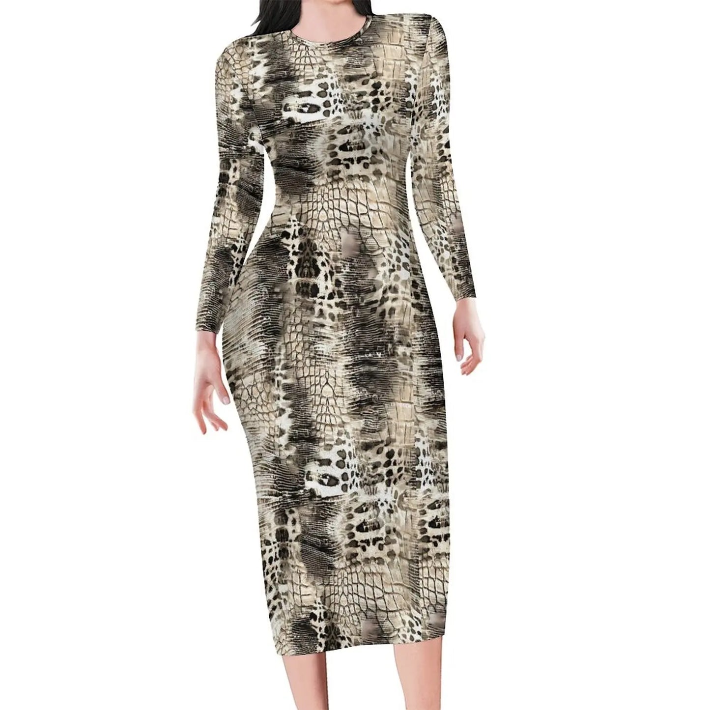 Amay Snakeskin Bodycon Dress Ladies Pink Snake Print Kawaii Dresses Autumn Long Sleeve Street Fashion Custom Dress Big Size 4XL 5XL