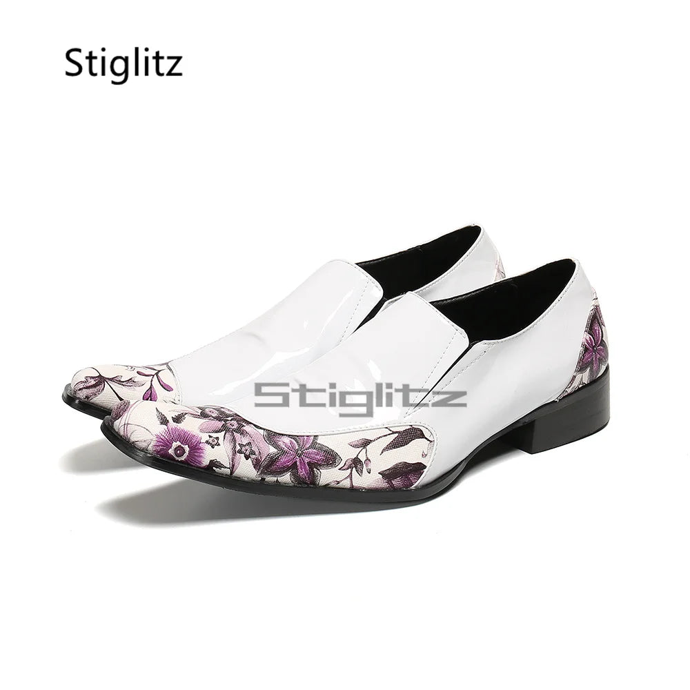 Visco Black White Men Dress Leather Shoes Small Square Toe Rhinestone Mixed Colors Prints Genuine Leather Party Banquet Business Shoes