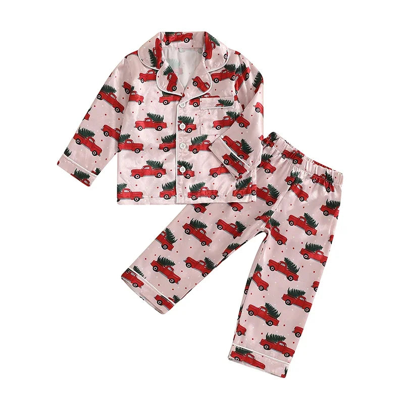 Toddler Christmas Pajamas Long Sleeve Red Truck/Tree Print Shirt and Pants Set Fall Winter Baby 2 Pieces Loungewear for 1Y to 5Y