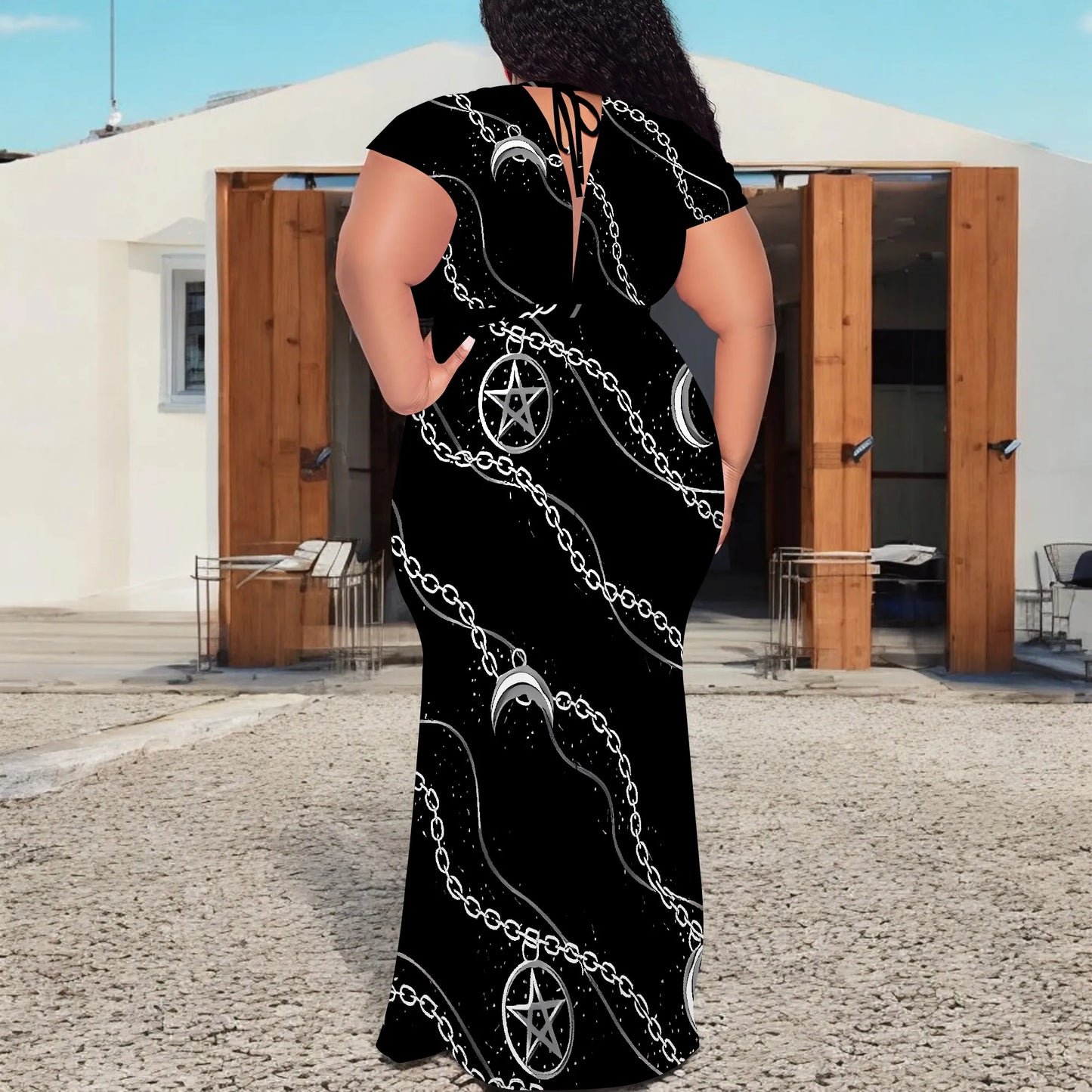 Maxy Plus Size Gothic Moon Chain Print V Neck Short Sleeve Maxy Dress for Halloween