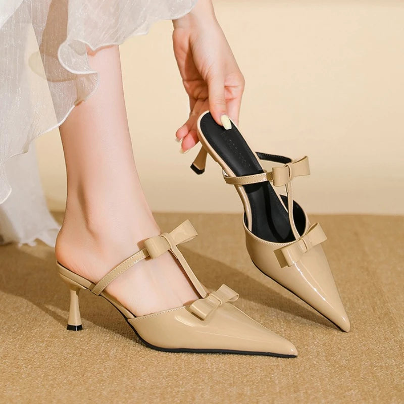 Maxy Elegant Patent Leather Bows Women's Heels Summer Sexy Pointed Toe High Heeled Slippers Fashion Design Sandals Ladies