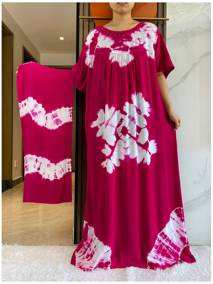 Maxy 2 Pieces Africa Dashiki Floral Printing Loose Cotton Caftan Lady Summer Maxy Casual Dresses With Big Scarf Short Sleeve
